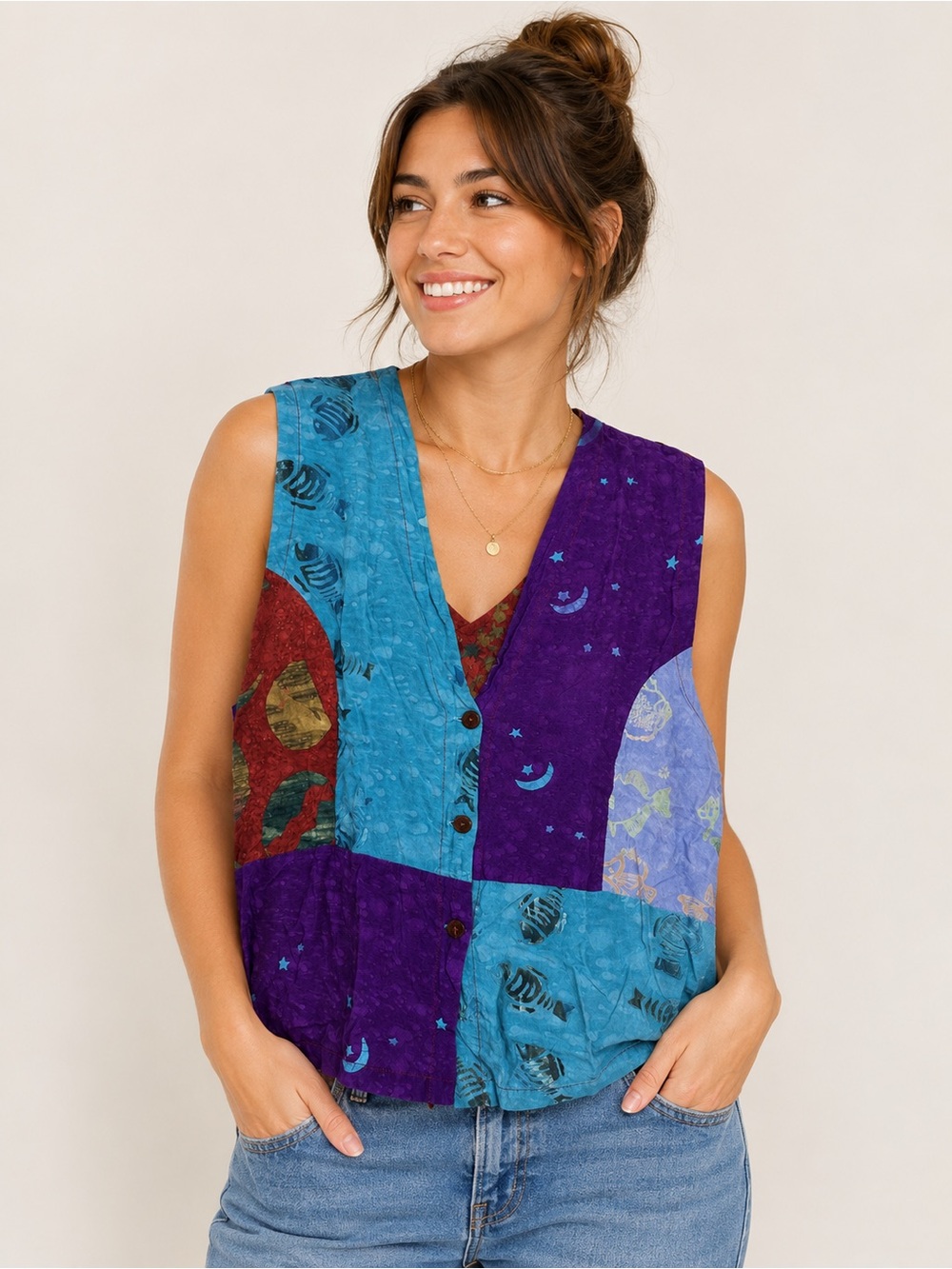 Vintage Handmade Sleeveless Patchwork Button-Front Vest Size XXL